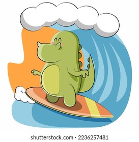 Cute dinosaur decided to surf the big waves
