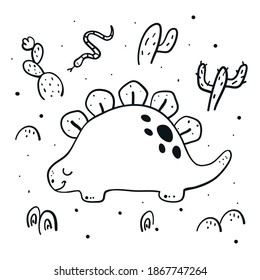 Cute dinosaur in a desert . Coloring page. Vector illustration.