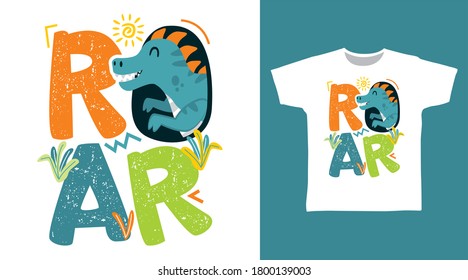 Cute dinosaur design vector with roar typography illustration ready for print on tees.