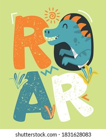 Cute dinosaur design vector with roar typography illustration for print on tees