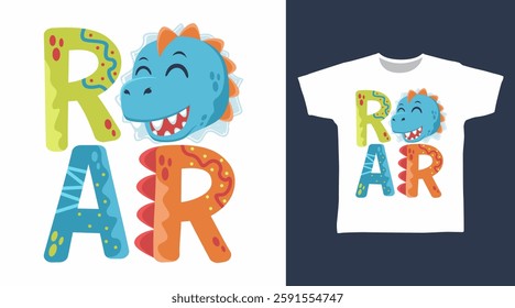 Cute dinosaur design vector with roar typography hand drawn, ready for print on t shirt and other uses.