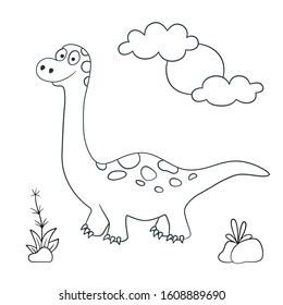 Cute dinosaur. Dino Brachiosaurus. Vector illustration in doodle and cartoon style for coloring books and prints. Hand drawn. Black and white