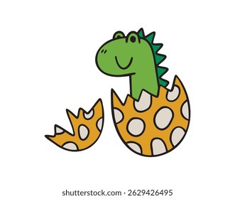 Cute dinosaur or dino hatches from broken egg. Cartoon green hand drawn doodle cute dinosaur simple childish sketch style. dinosaur icon, print design for baby, kids. Vector illustration