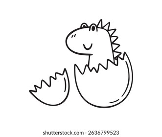 Cute dinosaur or dino hatches from broken egg. Outline hand drawn doodle cute line dinosaur simple childish sketch style. dinosaur icon, print design for baby, kids. Vector illustration