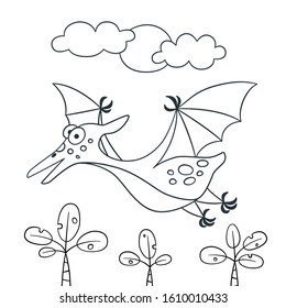 Cute dinosaur. Dino pterodactyl. Vector illustration in doodle and cartoon style for coloring books and prints. Hand drawn. Black and white