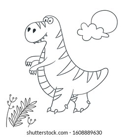 Cute dinosaur. Dino Tyrannosaurus Rex. Vector illustration in doodle and cartoon style for coloring books and prints. Hand drawn. Black and white