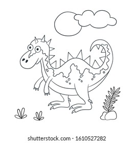 Cute dinosaur. Dino. Vector illustration in doodle and cartoon style for coloring books and prints. Hand drawn. Black and white