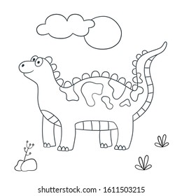Cute dinosaur. Dino. Vector illustration in doodle and cartoon style for coloring books and prints. Hand drawn. Black and white