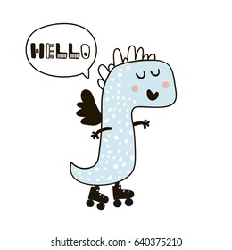 Cute Dinosaur doodle childish illustration say hello. Creative Dino with rollers perfect for kids apparel,nursery decor,poster,prints.Vector illustration