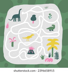 Cute dinosaur doodle maze with dinos, plants. Jurassic era puzzle for kids, children. Funny cartoon style labyrinth with adorable characters