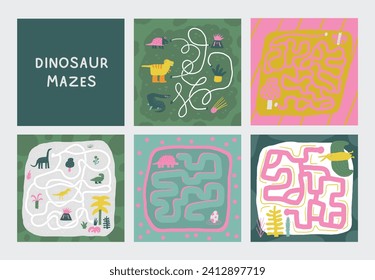 Cute dinosaur doodle mazes set with dinos, plants. Jurassic era puzzle for kids, children. Funny cartoon style labyrinth with adorable characters