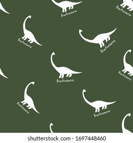 Cute dinosaur doodle seamless with brachiosaurus. Funny Dino collection. Textile design for baby boy on black green background. Cartoon monster vector illustration.