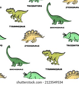 Cute dinosaur doodle seamless with brachiosaurus, triceratops, stegosaurus, tyrannosaurus. Funny Dino pattern collection. Textile background design for babies.