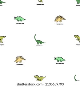 Cute dinosaur doodle seamless with brachiosaurus, triceratops, stegosaurus, tyrannosaurus. Funny Dino pattern collection. Textile background design for babies.