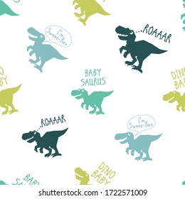 Cute dinosaur doodle seamless with roar dino, baby saurus, sweet dino baby, dino baby. Funny Dino collection. Textile design for baby boy on white background. Cartoon monster vector illustration.