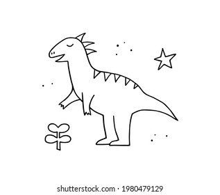Cute dinosaur in doodle style. Hand drawn outline funny dino. Vector illustration for kids.