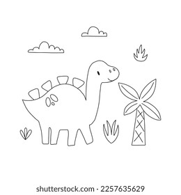 Cute dinosaur in doodle style. Vector illustration on a white background for nursery decoration and textiles.