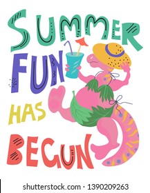 Cute dinosaur or dragon in a bathing suit and a sun hat on the beach with an inscription about the beginning of the summer vector illustration. Poster or banner template to illustrate summer fun.