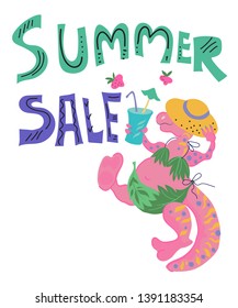 Cute dinosaur or dragon in a bathing suit and a sun hat  with an inscription about the beginning of the summer season sale  vector illustration. advertising poster or banner template.