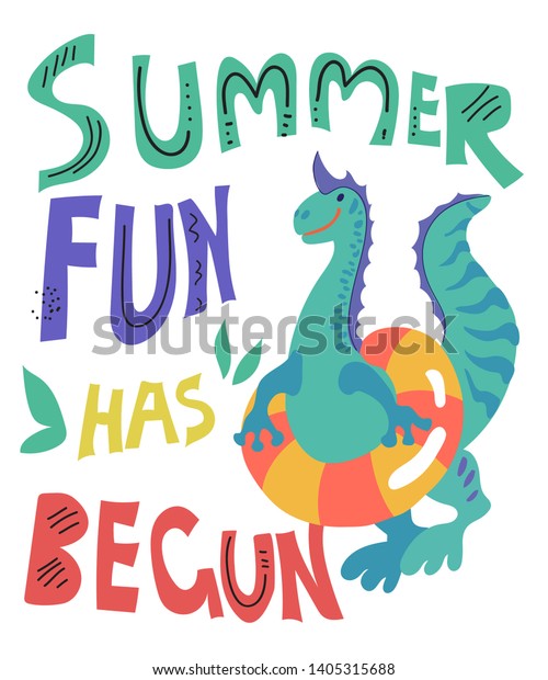 Cute dinosaur\
or dragon in a bathing suit and a sun hat on the beach with an\
inscription about the summer vector illustration. Poster or banner\
template to illustrate summer\
fun.