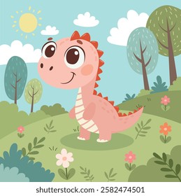 cute dinosaur, dragon, in the forest, illustration for kids