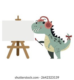 Cute dinosaur drawing with easel and brush. Flat vector illustration in simple childish style.
