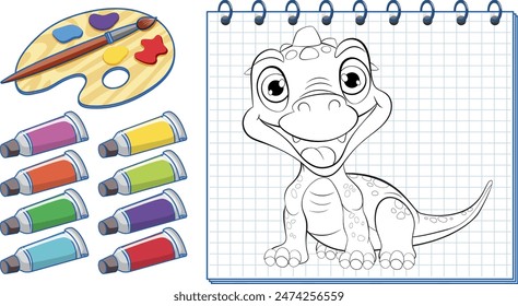 Cute dinosaur drawing with paint supplies