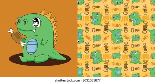 cute dinosaur drawn as vector illustration seamless pattern with yellow background