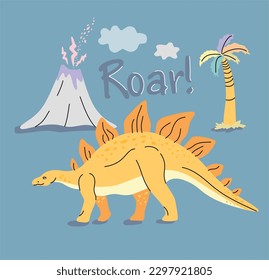 Cute dinosaur drawn as vector on blue for kids fashion. Palm and volcano.