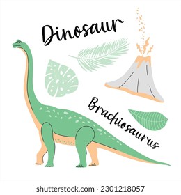 Cute dinosaur drawn as vector on blue for kids fashion. Palm and volcano. Brachiosaurus.