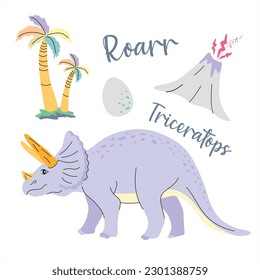 Cute dinosaur drawn as vector on white for kids fashion. Palm and volcano. Triceratops.