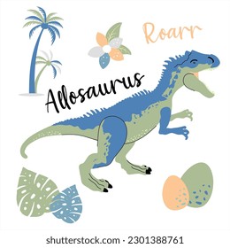 Cute dinosaur drawn as vector on white for kids fashion. Palm and volcano. Allosaurus.