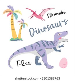 Cute dinosaur drawn as vector on white for kids fashion. Palm and volcano. T-Rex. Pteranodon.