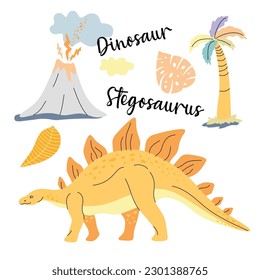 Cute dinosaur drawn as vector on white for kids fashion. Palm and volcano. Stegosaurus.