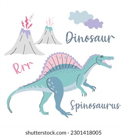 Cute dinosaur drawn as vector on white for kids fashion. Palm and volcano. Spinosaurus.