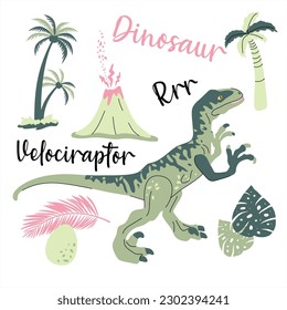 Cute dinosaur drawn as vector on white for kids fashion. Palm and volcano. Allosaurus.