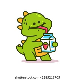 Cute dinosaur drink strawberry milk vector cartoon character isolated on a white background.