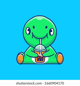 Cute Dinosaur Drinking Boba Vector Icon Illustration. Dino Mascot Cartoon Character. Animal Icon Concept White Isolated. Flat Cartoon Style Suitable for Web Landing Page, Banner, Flyer, Sticker, Card