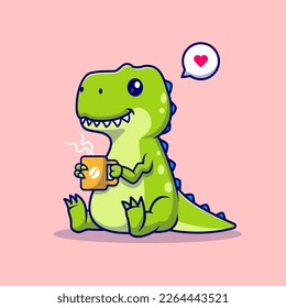 Cute Dinosaur Drinking Hot Coffee Cartoon Vector Icon Illustration. Animal Drink Icon Concept Isolated Premium Vector. Flat Cartoon Style