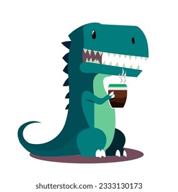 Cute Dinosaur Drinking Hot Coffee Cartoon Vector Icon Illustration. T-rex Drink Icon Concept Isolated on White Background. Flat Cartoon Style Vector Illustration