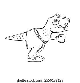 Cute Dinosaur Drinking Hot Coffee Cartoon Vector Icon Illustration. Animal Drink Icon Concept Isolated Vector contour