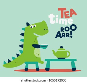 Cute dinosaur drinking tea on the table. Tea time vector concept