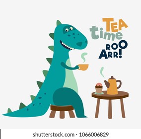 Cute dinosaur drinking tea on the table. Tea time vector concept