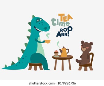 Cute dinosaur drinking tea on the table. Tea time vector concept