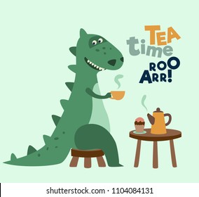 Cute dinosaur drinking tea on the table. Tea time vector concept