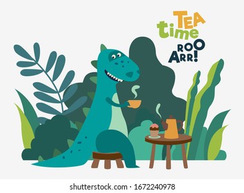 Cute dinosaur drinking tea on the table in the garden. Tea time vector concept. Summer landscape background