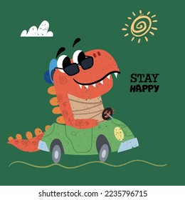 Cute dinosaur drive a car. Best for children designs, tees, birthday flyers and invitations. Dino party template. Vector illustration.