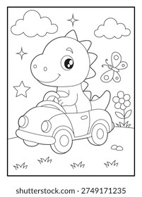 Cute Dinosaur Driving Car Coloring Page for Kids.  Simple Cartoon Animal Line Art Printable Coloring Sheet for Children.