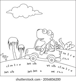Cute dinosaur driving a car go to forest funny animal cartoon. Childish design for kids activity colouring book or page.