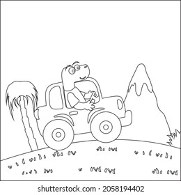Cute dinosaur driving a car go to forest funny animal cartoon. Childish design for kids activity colouring book or page.